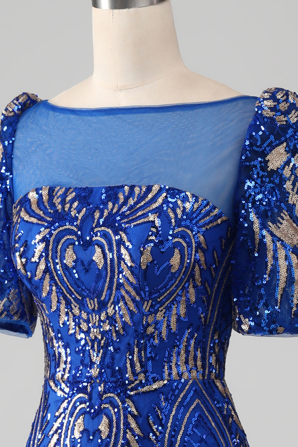 Meerjungfrau Königsblaues glitzerndes Ballkleid mit kurzen Ärmeln