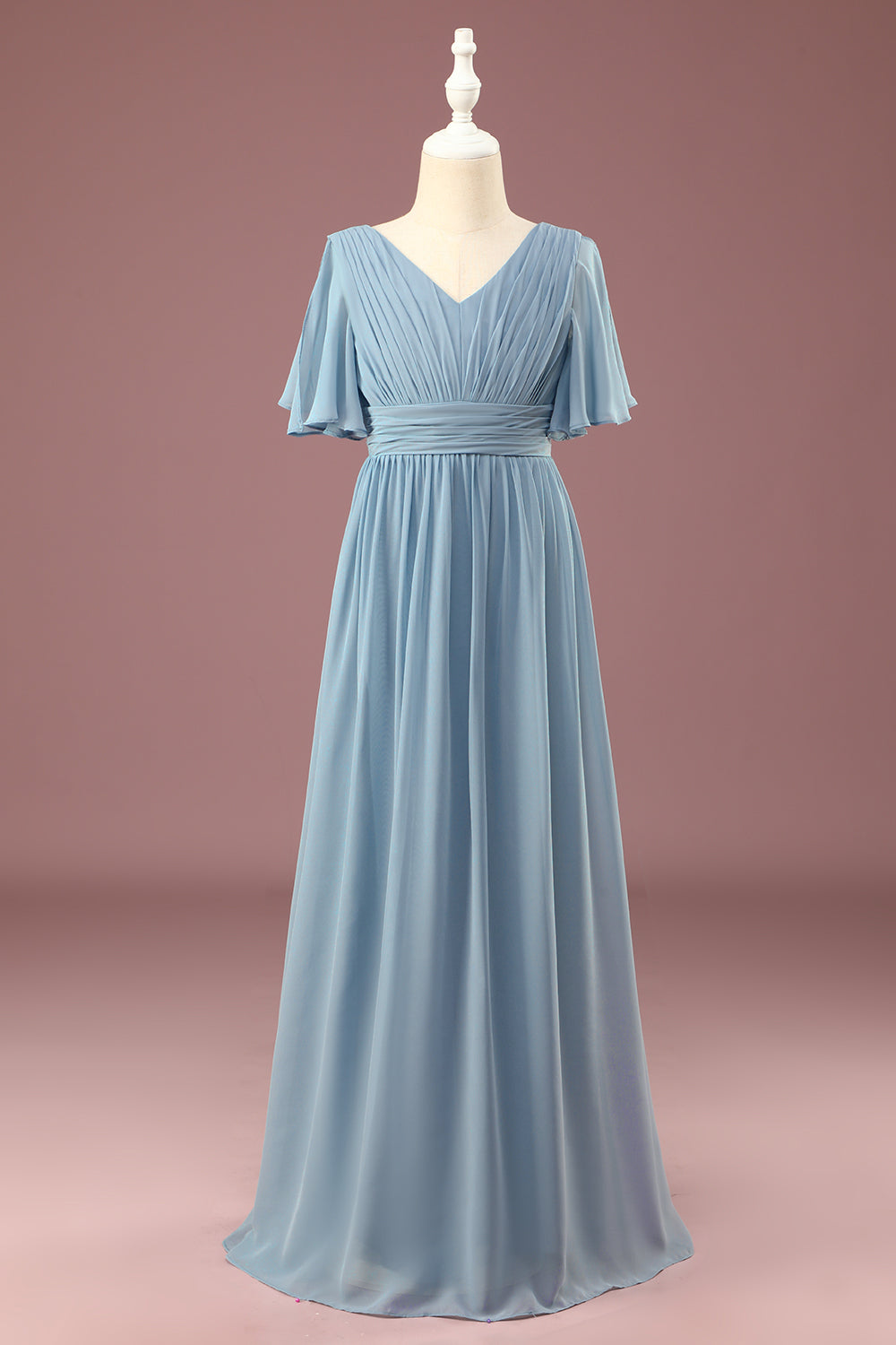 A-Linie Chiffon V-Ausschnitt bodenlanges kurze Ärmel Junior Brautjungfernkleid