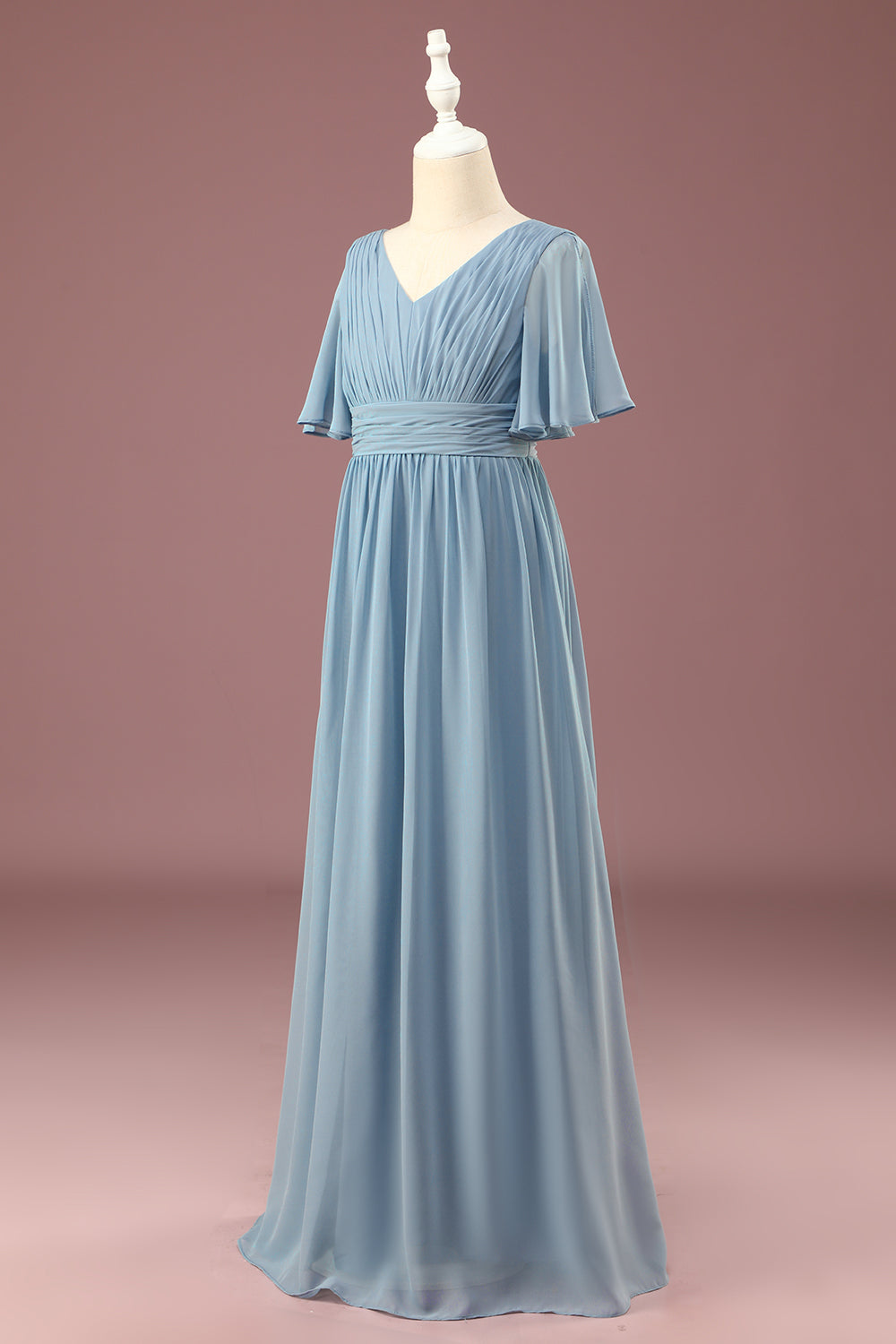 A-Linie Chiffon V-Ausschnitt bodenlanges kurze Ärmel Junior Brautjungfernkleid