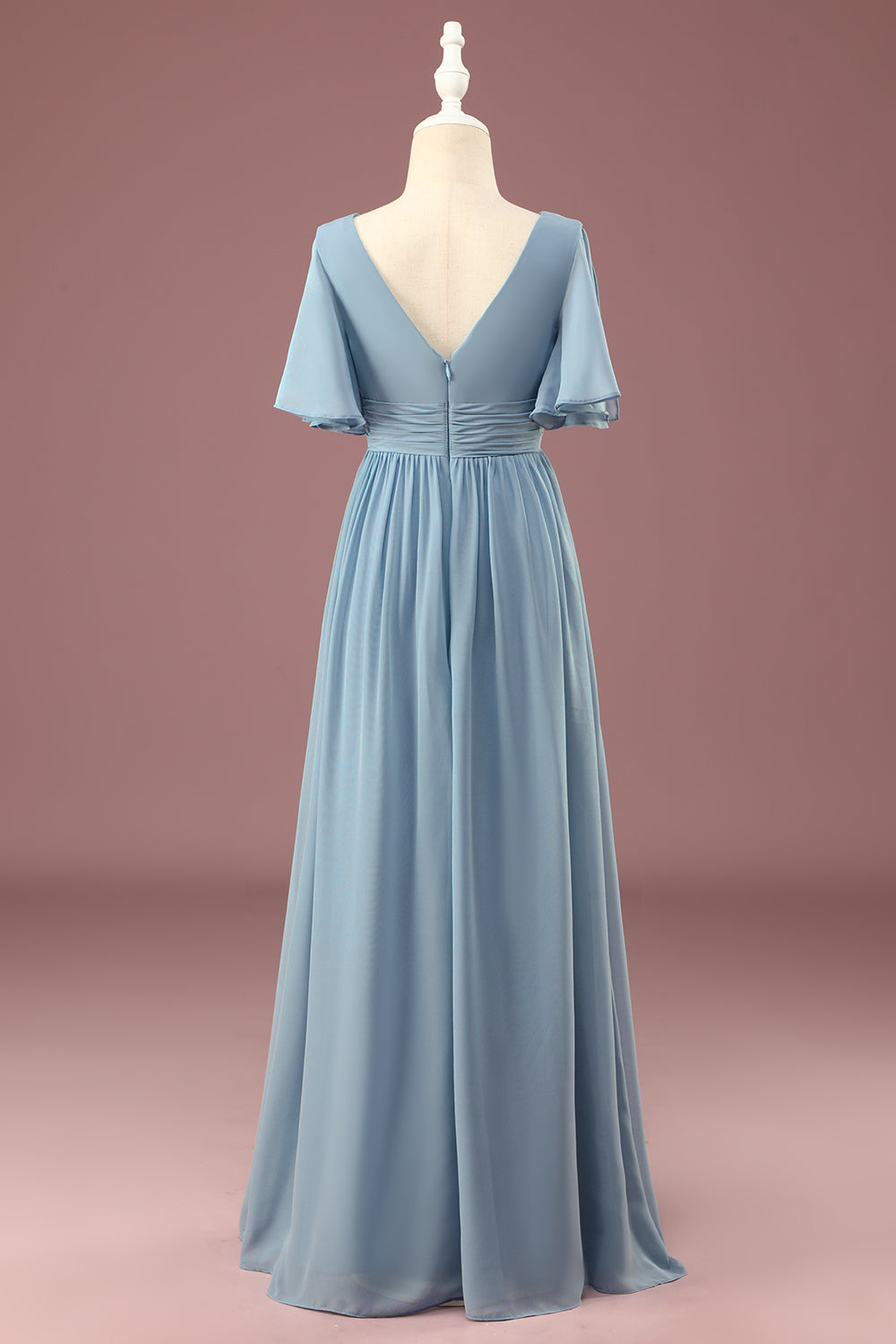 A-Linie Chiffon V-Ausschnitt bodenlanges kurze Ärmel Junior Brautjungfernkleid