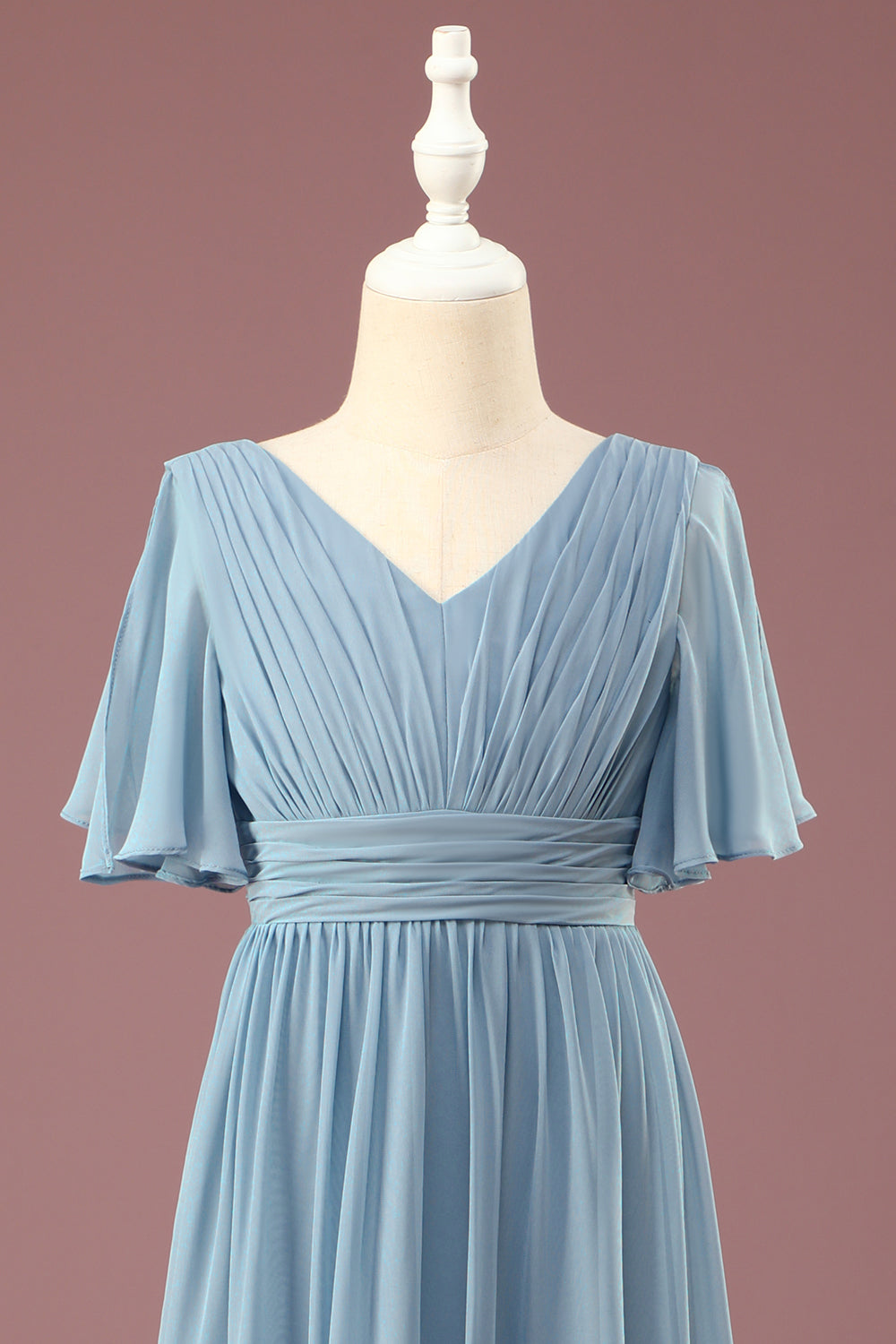 A-Linie Chiffon V-Ausschnitt bodenlanges kurze Ärmel Junior Brautjungfernkleid