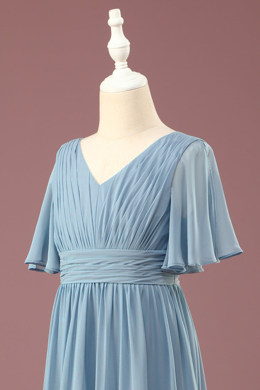 A-Linie Chiffon V-Ausschnitt bodenlanges kurze Ärmel Junior Brautjungfernkleid