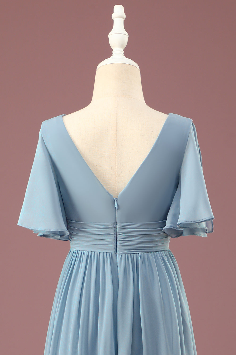 A-Linie Chiffon V-Ausschnitt bodenlanges kurze Ärmel Junior Brautjungfernkleid