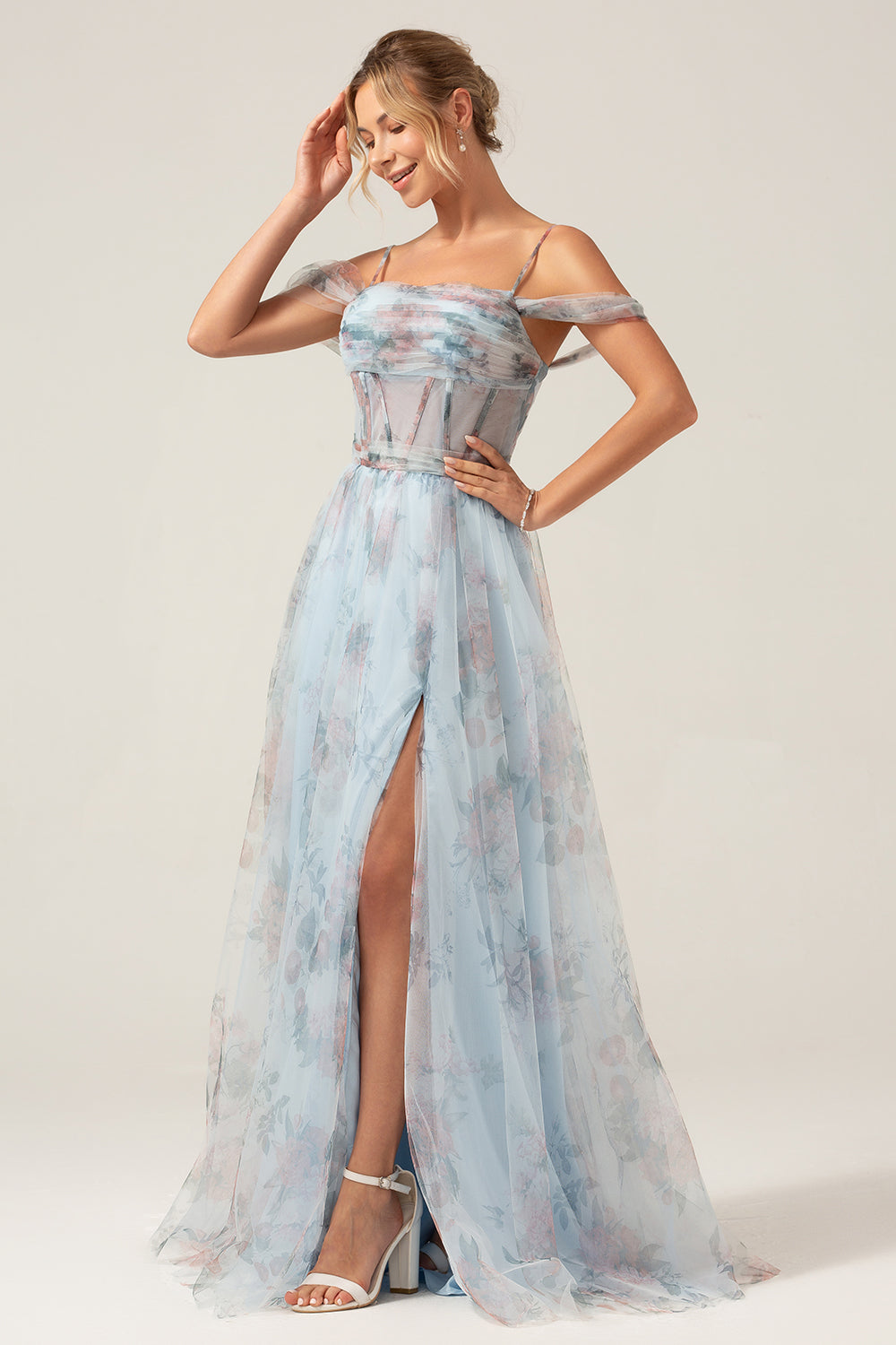 Kalte Schulter A-Linie Blaues bedrucktes langes Korsett Ballkleid mit Schlitz