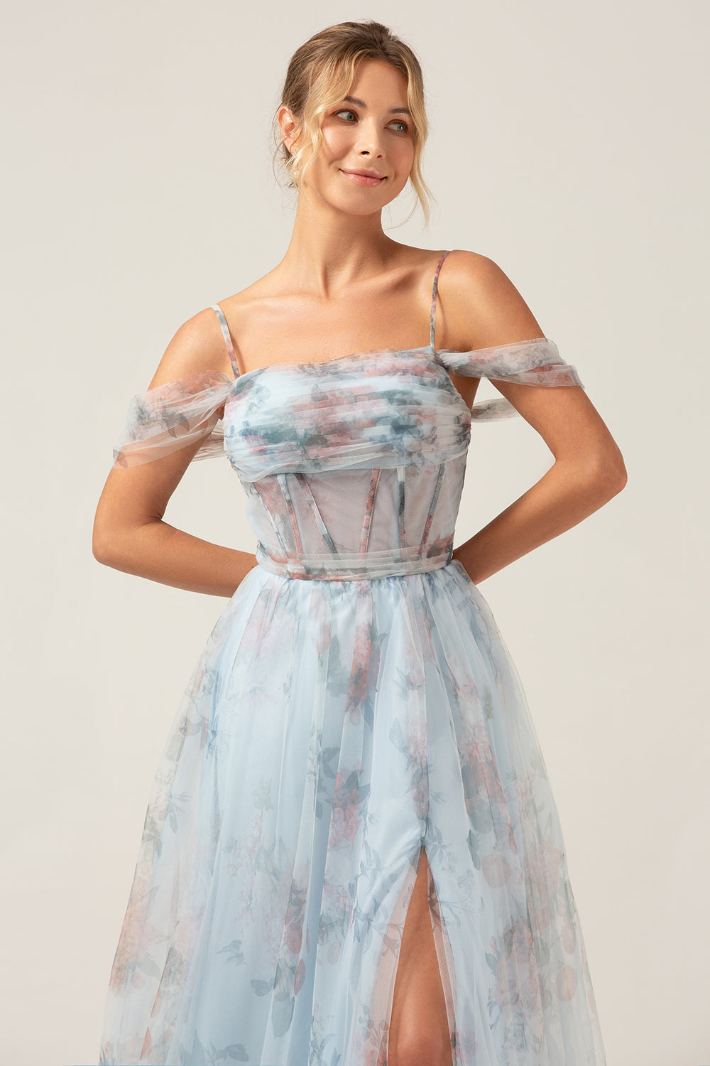 Kalte Schulter A-Linie Blaues bedrucktes langes Korsett Ballkleid mit Schlitz