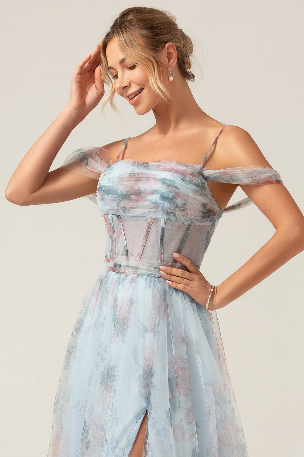 Kalte Schulter A-Linie Blaues bedrucktes langes Korsett Ballkleid mit Schlitz