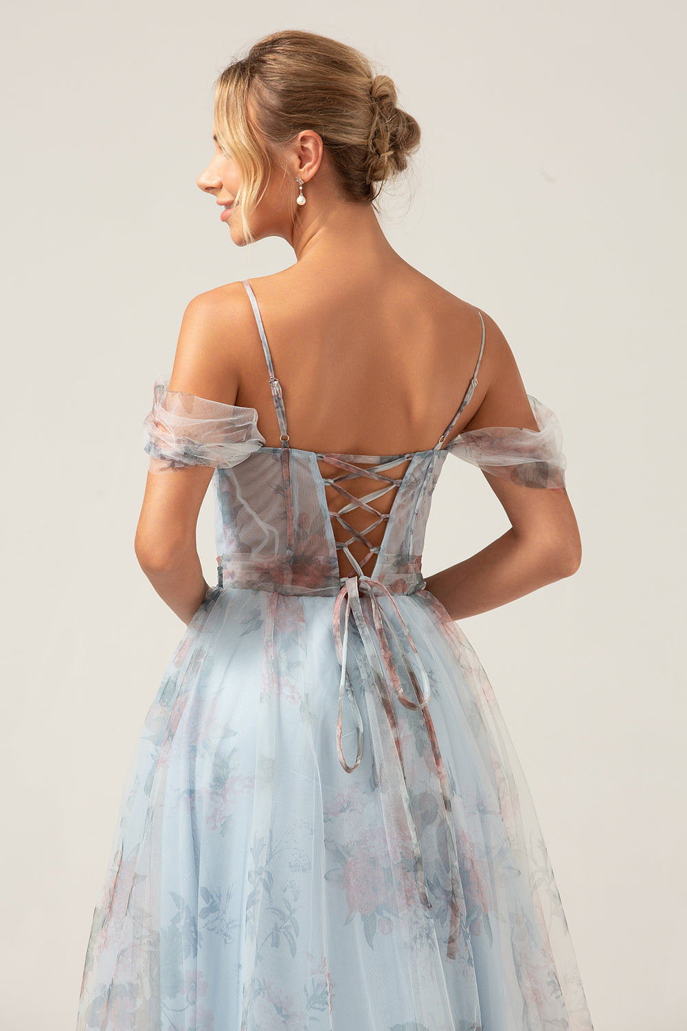 Kalte Schulter A-Linie Blaues bedrucktes langes Korsett Ballkleid mit Schlitz