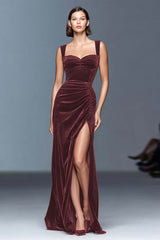 Burgundy Langes Ballkleid in A-Linie aus Samt mit Rüschen