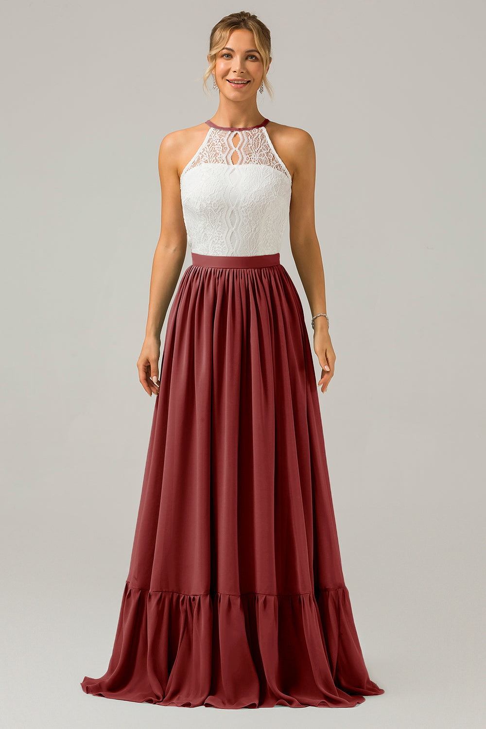 Cabernet Schlüsselloch Boho Chiffon Langes Brautjungfernkleid mit Spitze