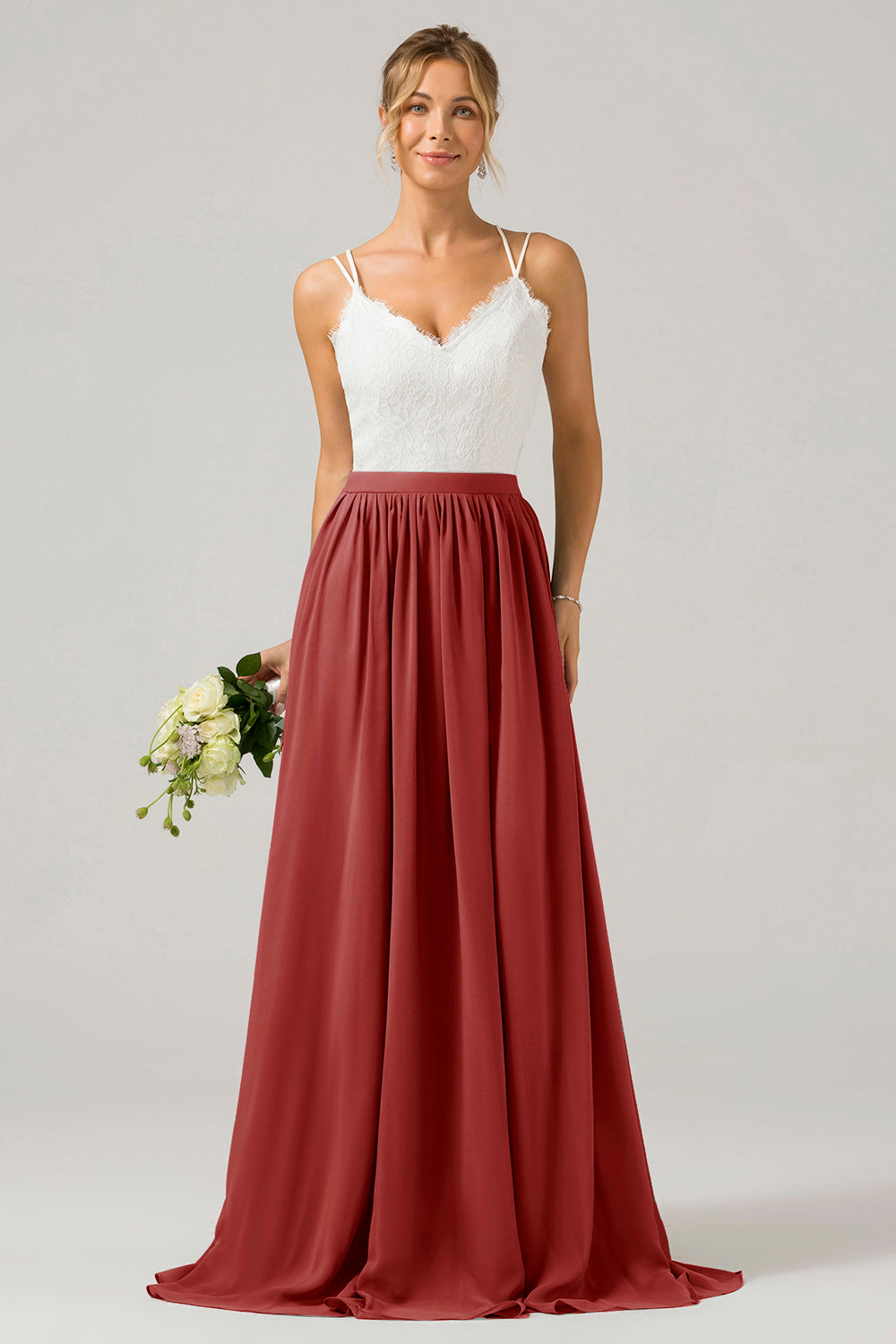 A-Linie V-Ausschnitt Boho Chiffon Langes Brautjungfernkleid mit offenem Rücken und Spitze Blush Rosa