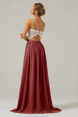 A-Linie V-Ausschnitt Boho Chiffon Langes Brautjungfernkleid mit offenem Rücken und Spitze Blush Rosa