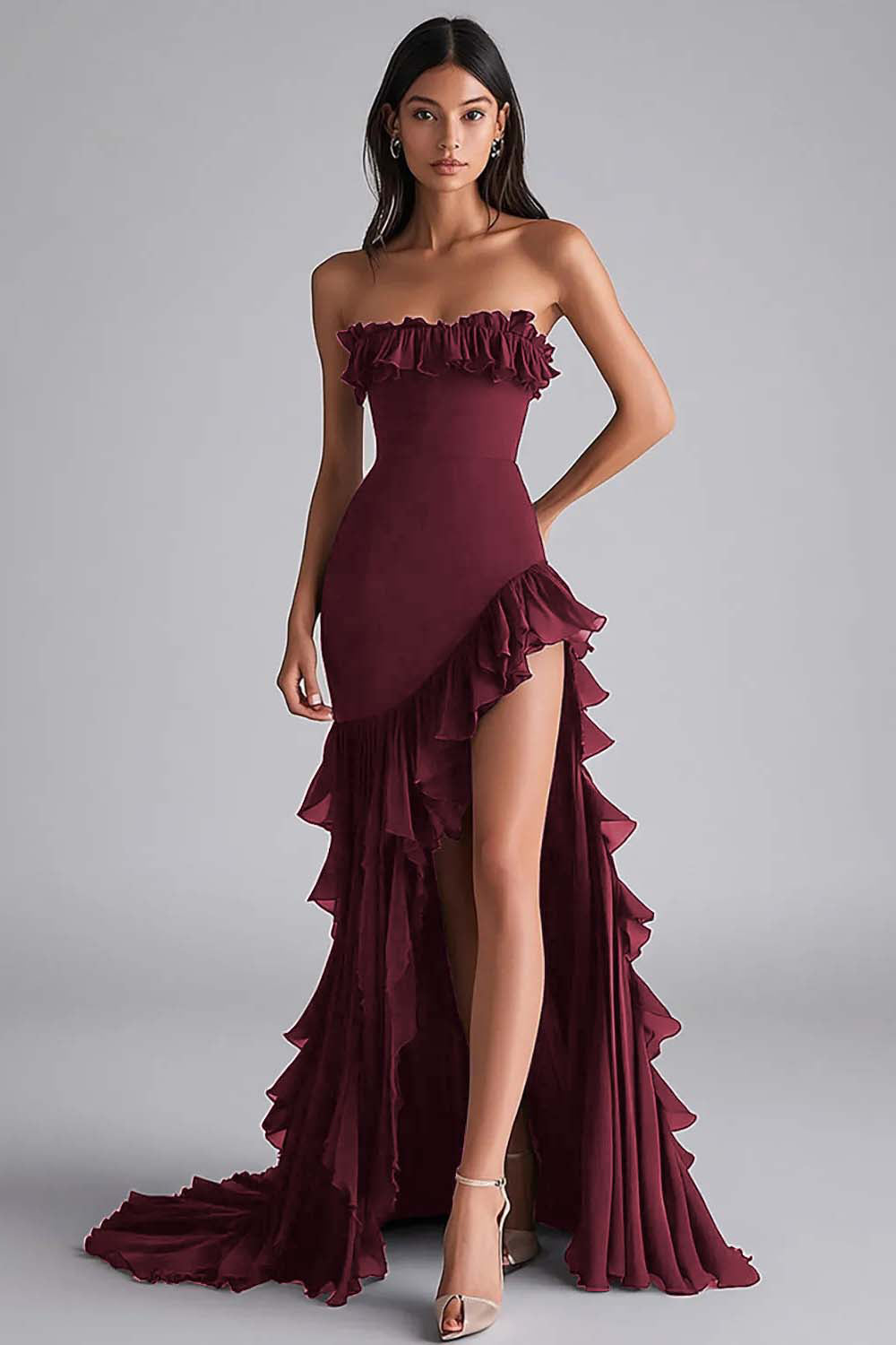 Schwarzes Meerjungfrau Trägerloses Ballkleid mit Rüschen und Schlitz