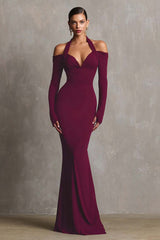 Burgunderrotes Neckholder Meerjungfrau Spandex Langes Ballkleid