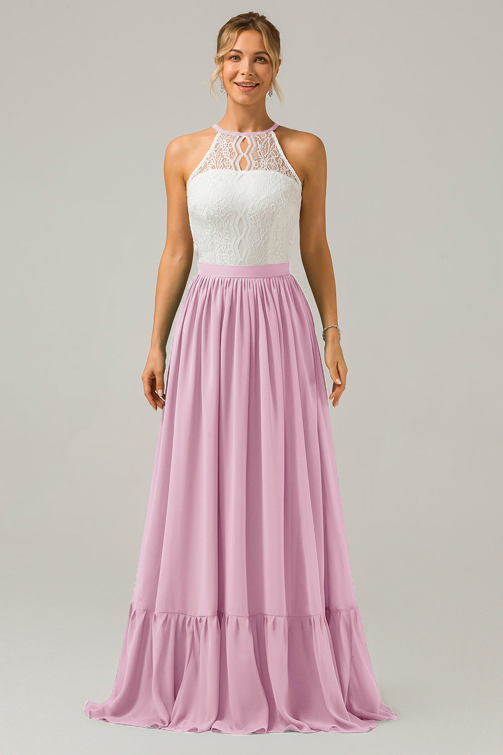 Cabernet Schlüsselloch Boho Chiffon Langes Brautjungfernkleid mit Spitze