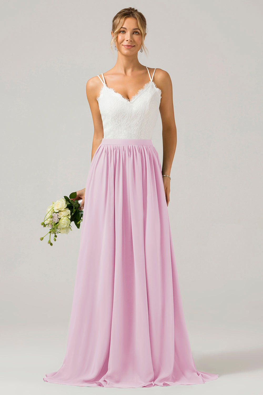 Eukalyptus Grünes Boho Chiffon Langes Brautjungfernkleid mit offenem Rücken und Spitze