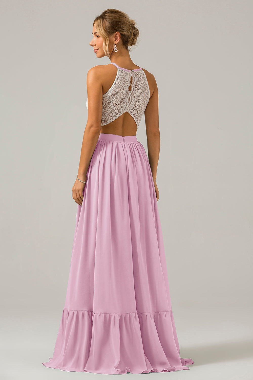 Cabernet Schlüsselloch Boho Chiffon Langes Brautjungfernkleid mit Spitze
