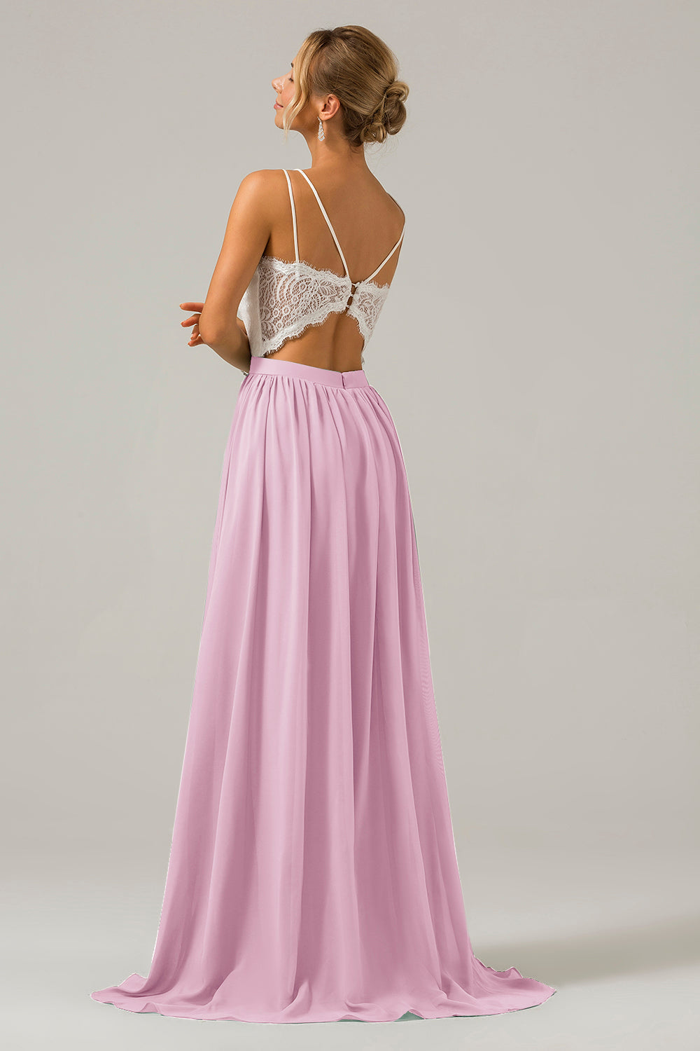 Eukalyptus Grünes Boho Chiffon Langes Brautjungfernkleid mit offenem Rücken und Spitze