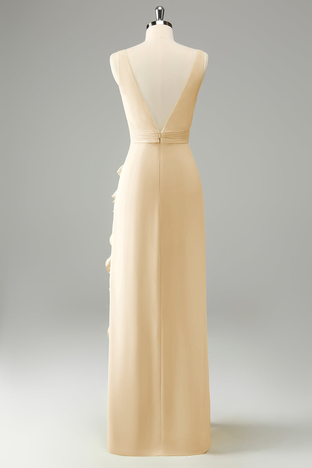 Zitrone Hochzeitsgastkleid mit tiefem V-Ausschnitt und Rüschen und Schlitz