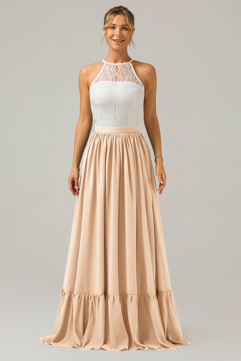 Eukalyptus Schlüsselloch Boho Chiffon Langes Brautjungfernkleid mit Spitze