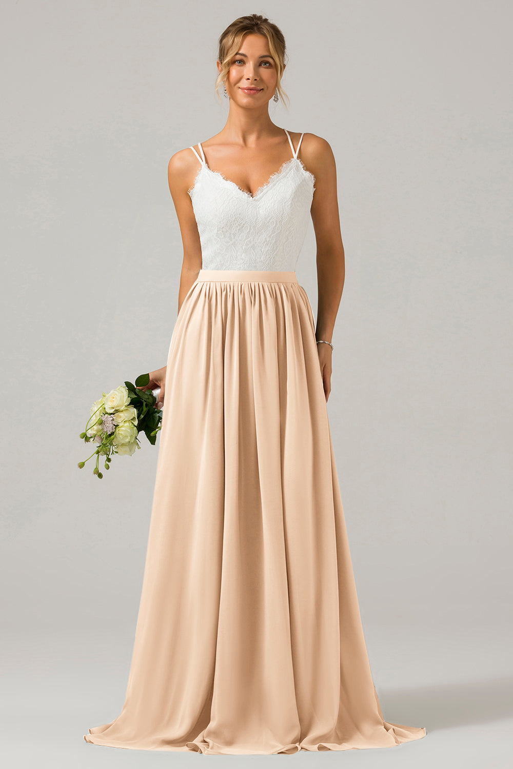 Eukalyptus Grünes Boho Chiffon Langes Brautjungfernkleid mit offenem Rücken und Spitze