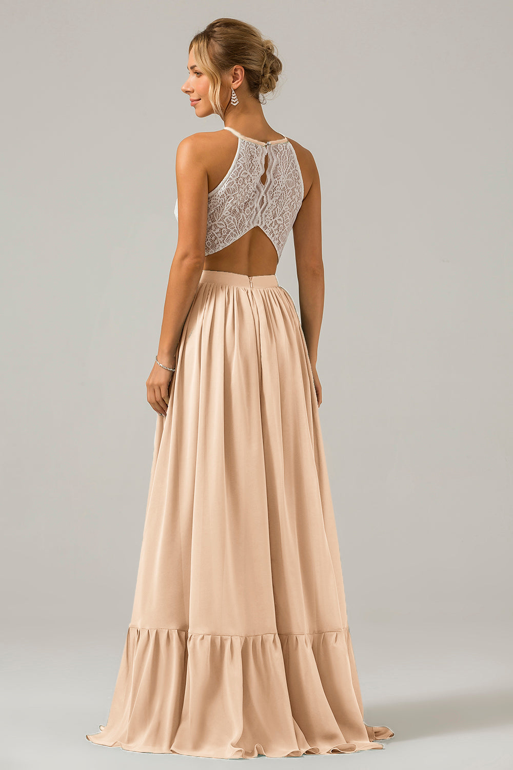 Eukalyptus Schlüsselloch Boho Chiffon Langes Brautjungfernkleid mit Spitze