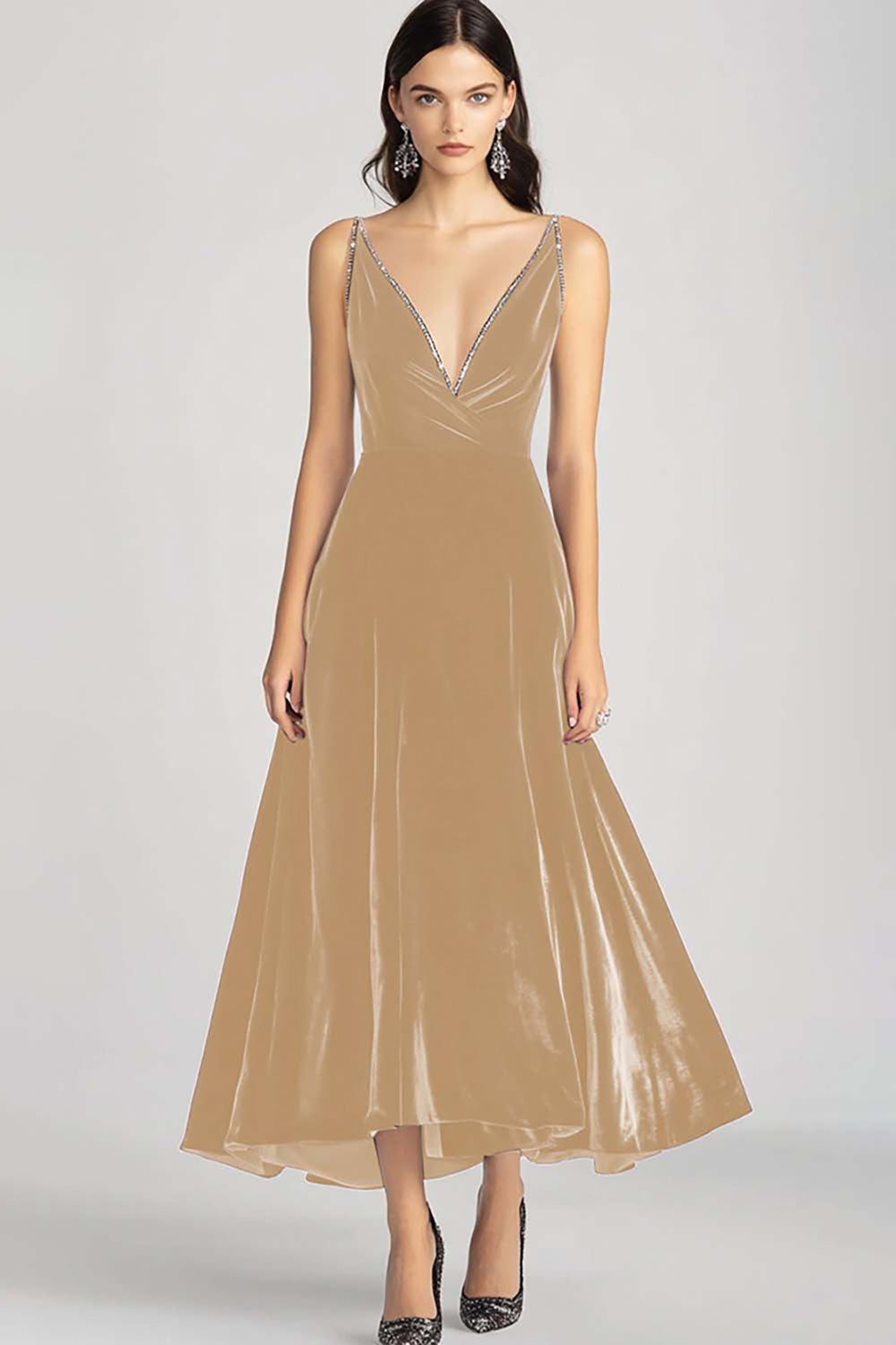 Burgunderrotes Spaghettiträger V-Ausschnitt Samt Ballkleid