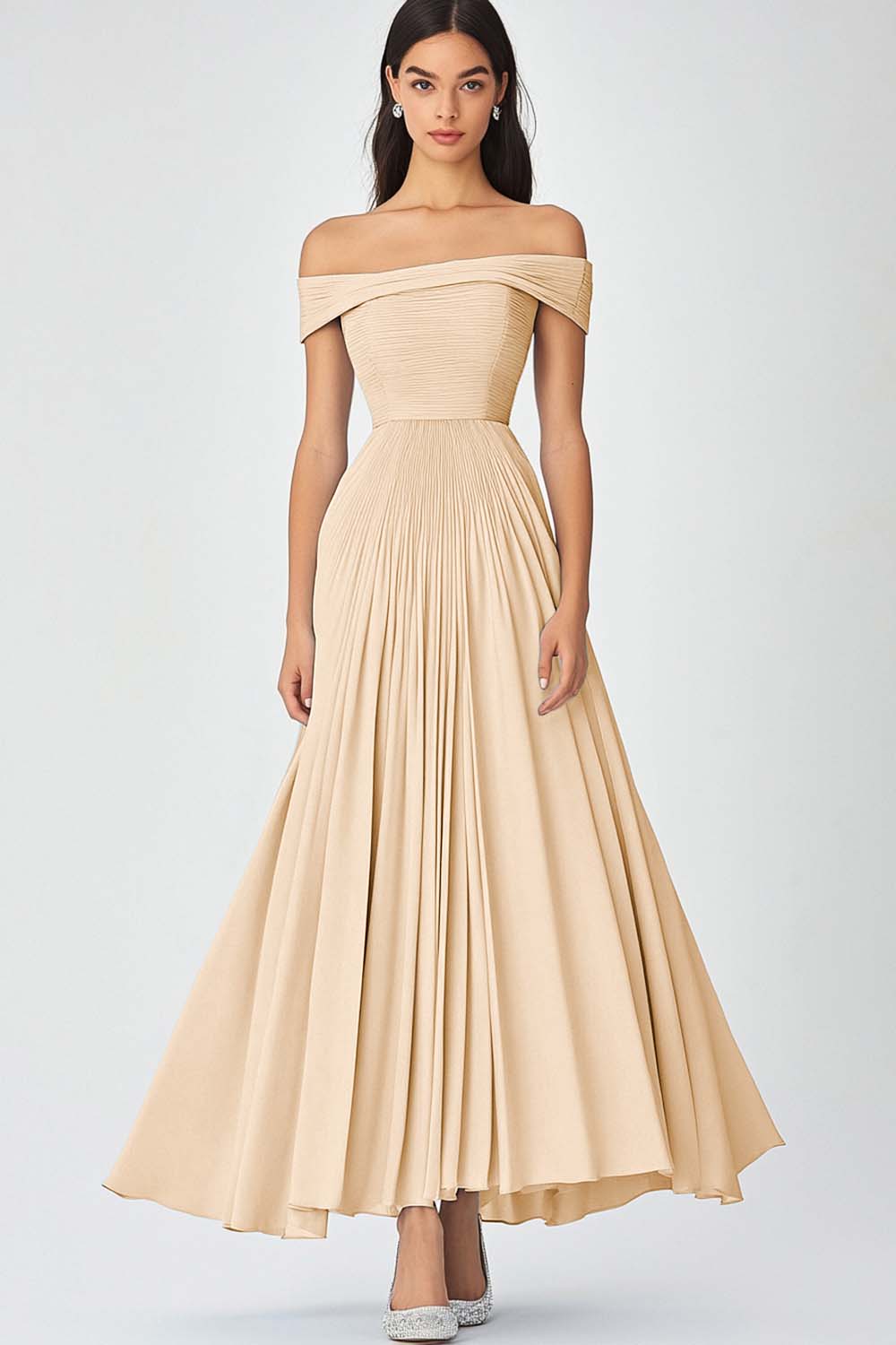 Schulterfreies Himmelblaues A-Linie Gerafftes Chiffon Abendkleid