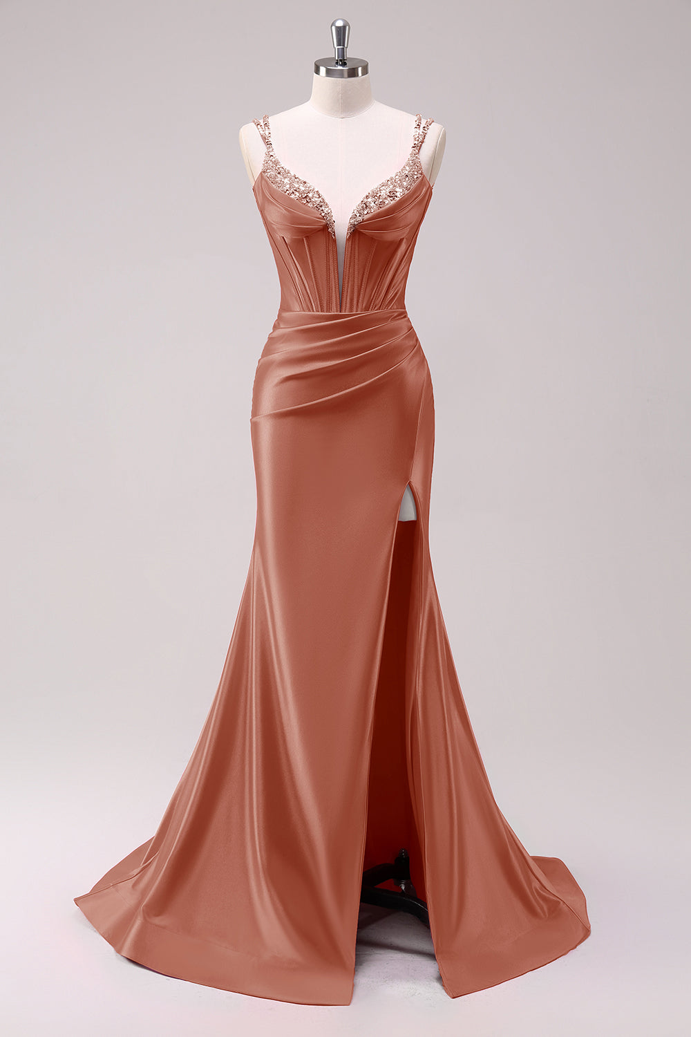 Fuchsia Meerjungfrau Spaghettiträger Korsett Pailletten Ballkleid mit Schlitz