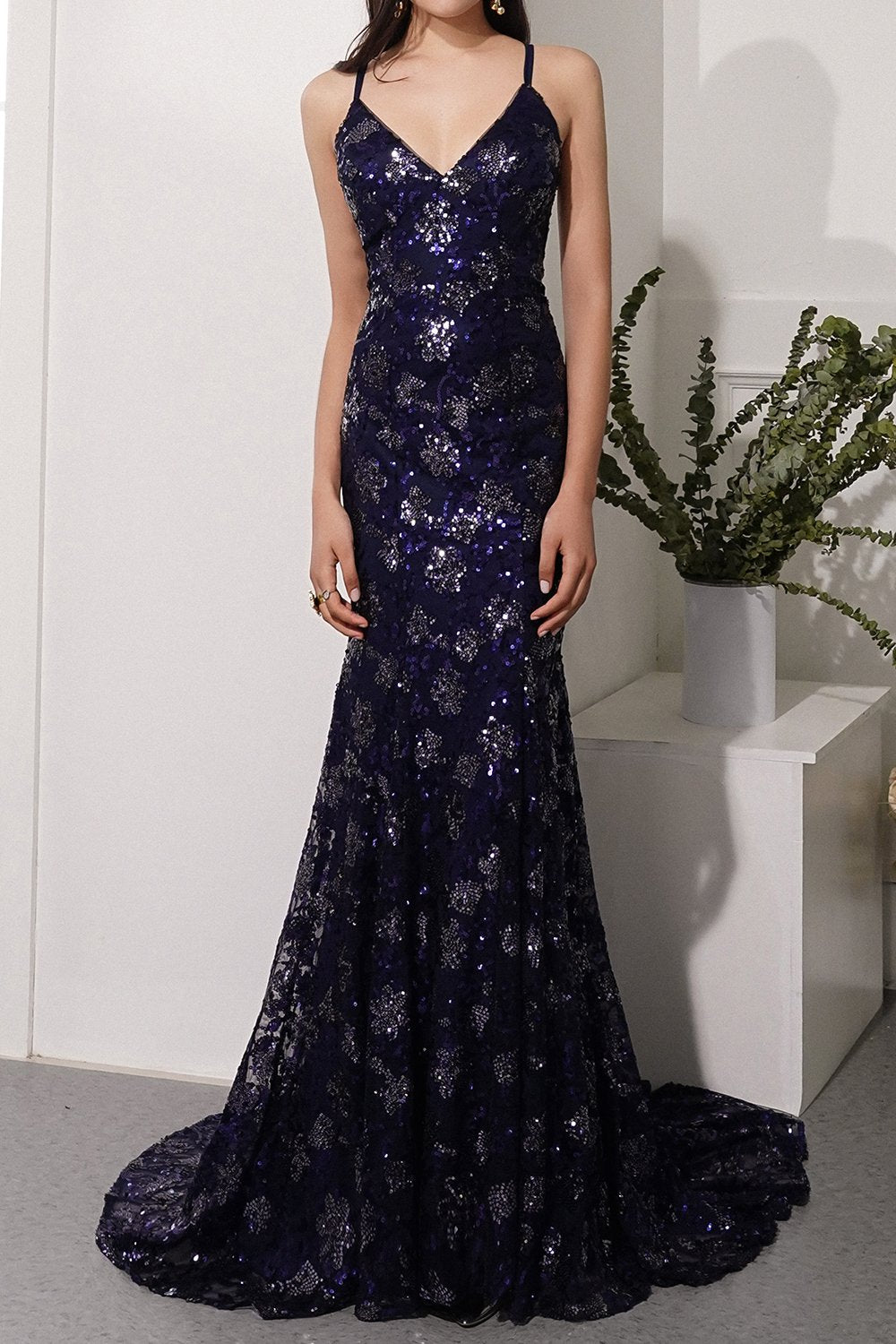 Marine Abendkleid mit Strass & Pailletten