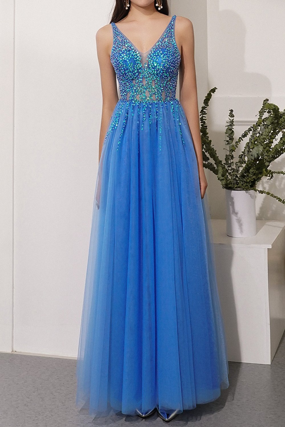 Blau Tüll Partykleid mit Strass