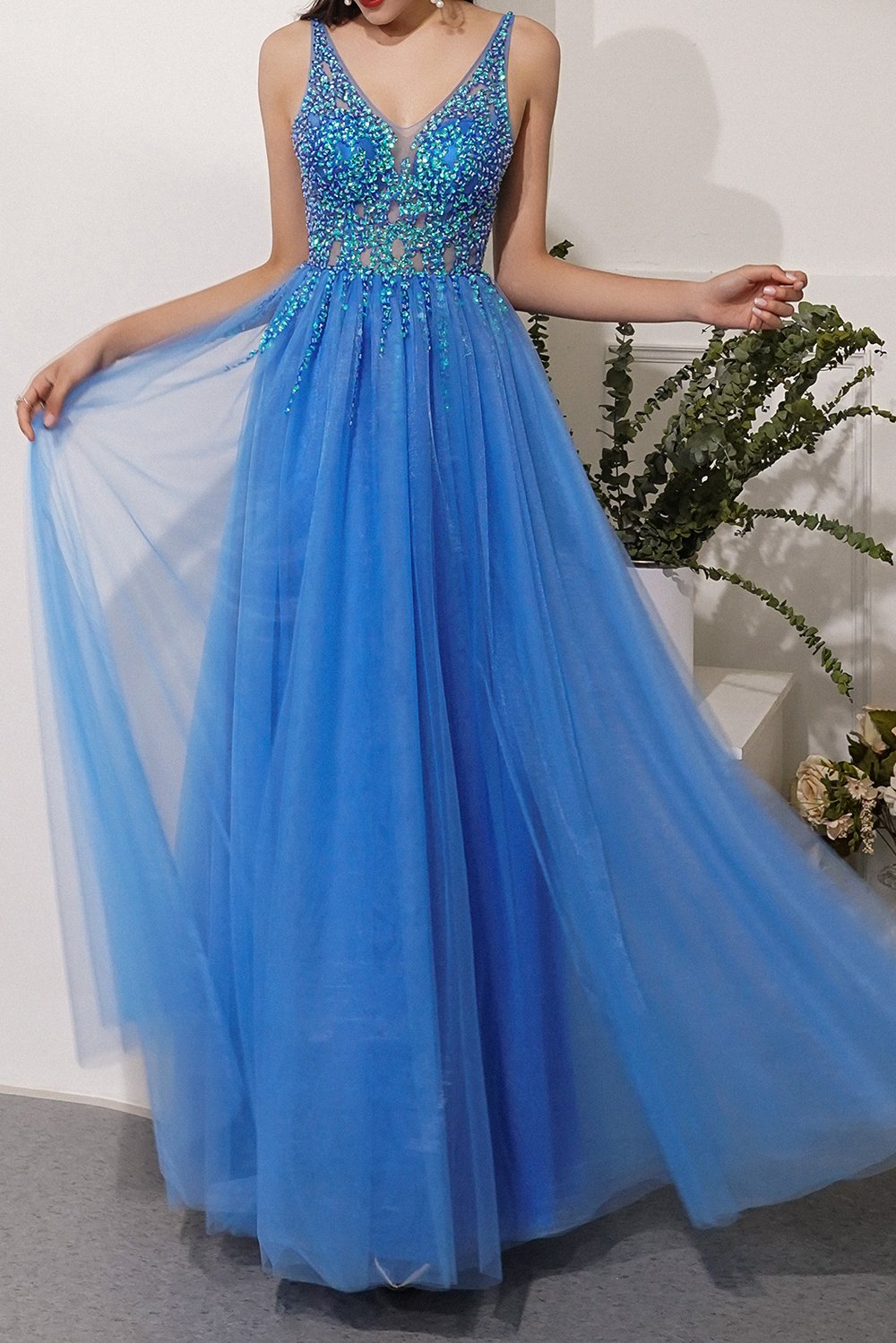 Blau Tüll Partykleid mit Strass