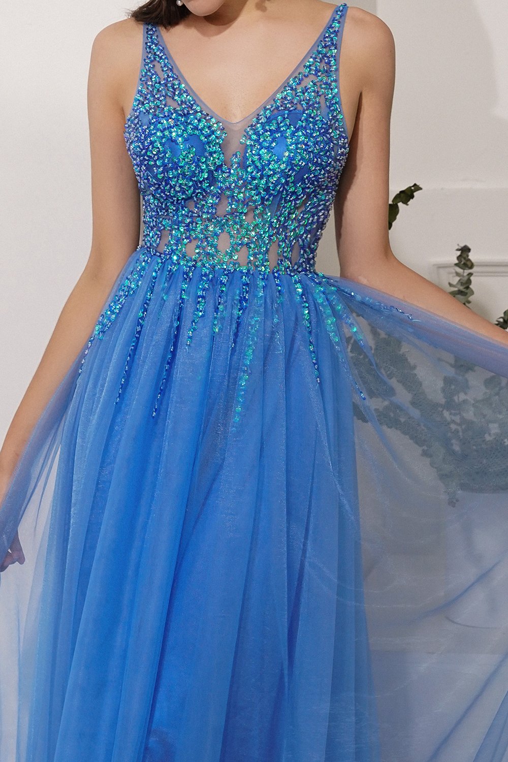 Blau Tüll Partykleid mit Strass