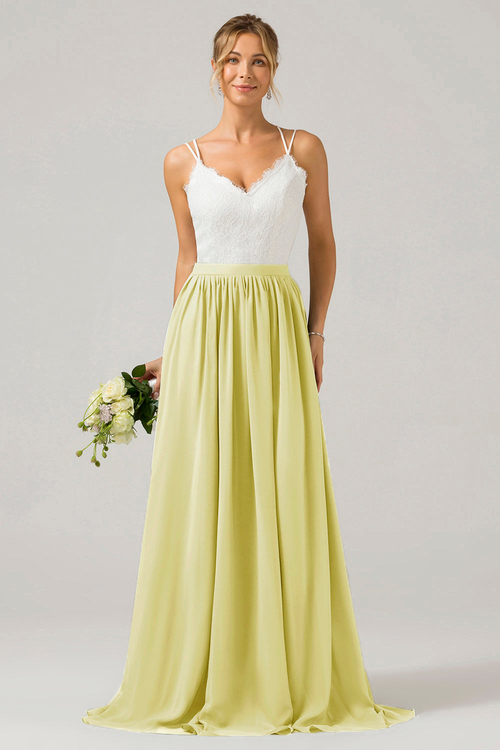 A-Linie V-Ausschnitt Boho Chiffon Langes Brautjungfernkleid mit offenem Rücken und Spitze Blush Rosa
