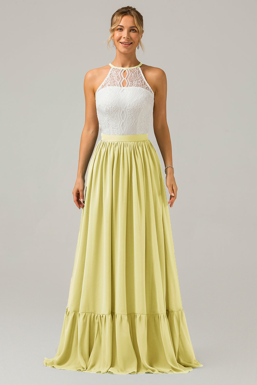 Blush Rosa Schlüsselloch Boho Chiffon Langes Brautjungfernkleid mit Spitze