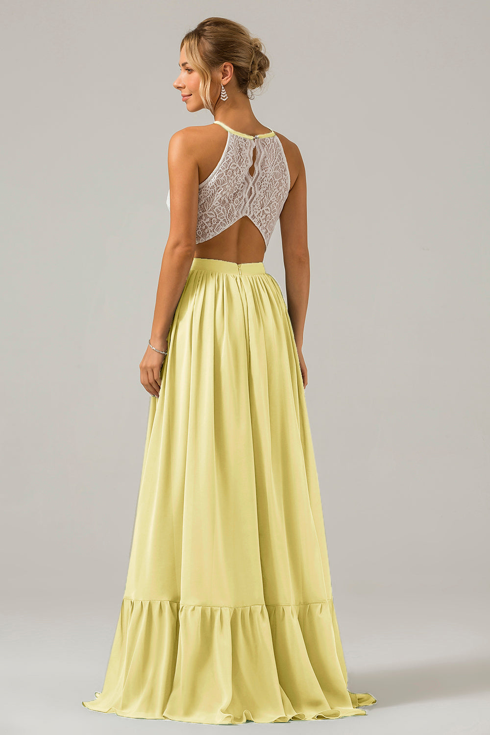 Blush Rosa Schlüsselloch Boho Chiffon Langes Brautjungfernkleid mit Spitze