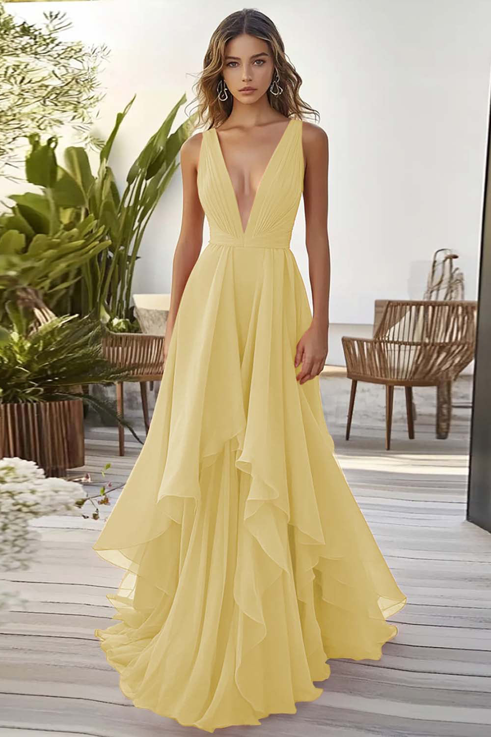 Orange Chiffon Hochzeitsgastkleid mit Rüschen in A-Linie