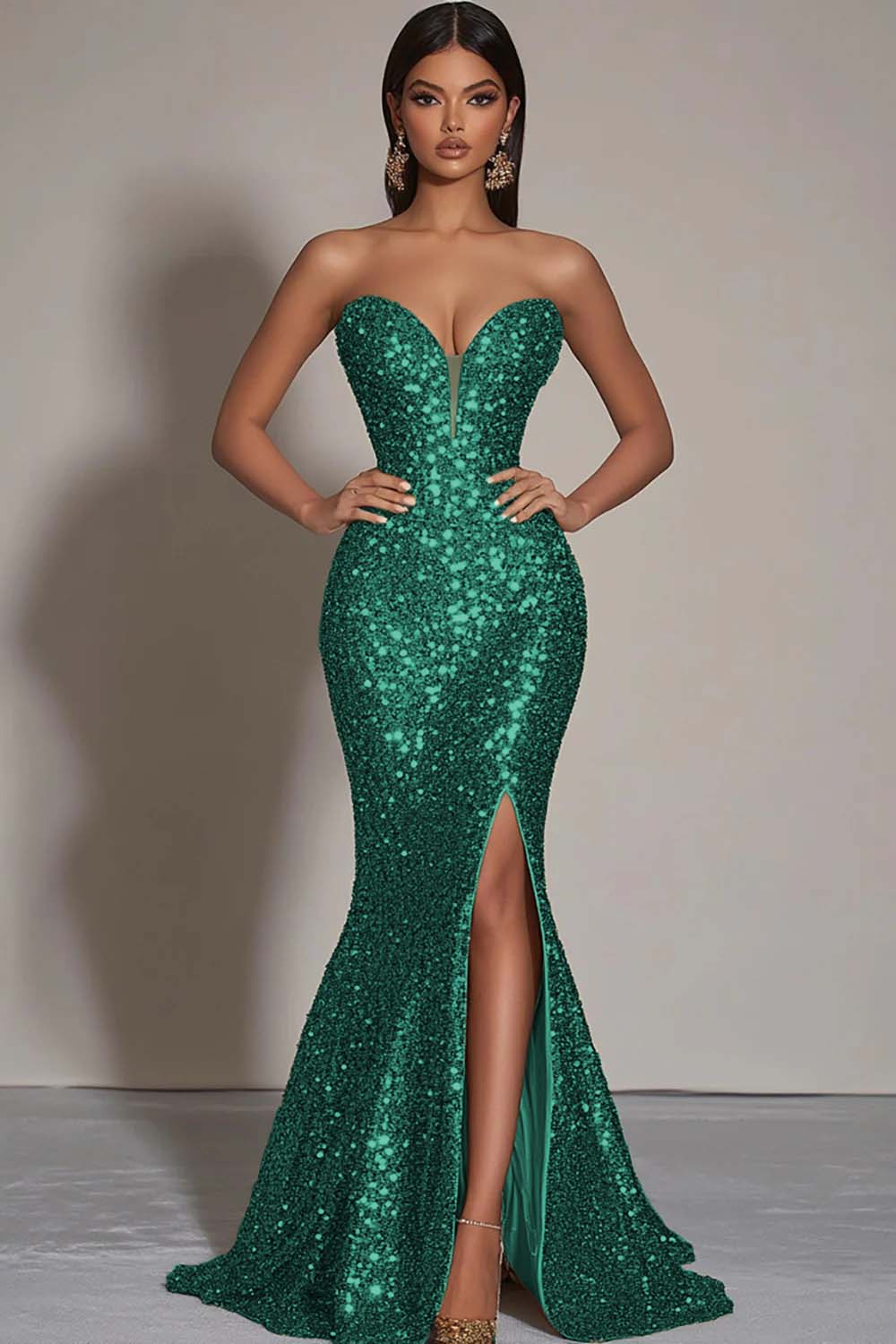 Goldenen Glitzerndes Trägerloses Meerjungfrauen Ballkleid mit Pailletten und Schlitz