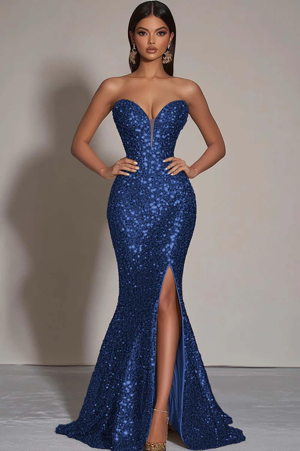Goldenen Glitzerndes Trägerloses Meerjungfrauen Ballkleid mit Pailletten und Schlitz