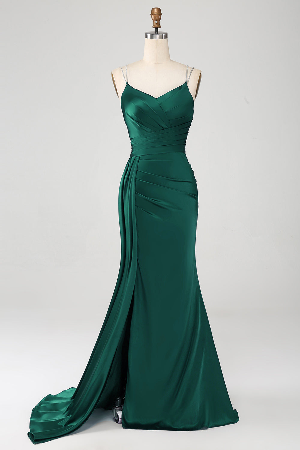 Marineblaues Meerjungfrauen Spaghettiträger Plissee Korsett Langes Ballkleid mit Schlitz