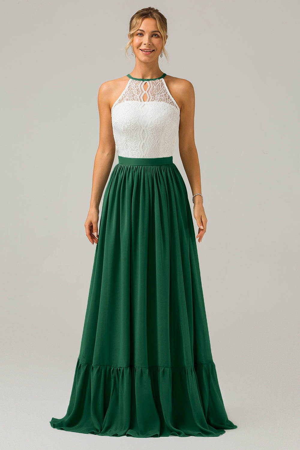Eukalyptus Schlüsselloch Boho Chiffon Langes Brautjungfernkleid mit Spitze