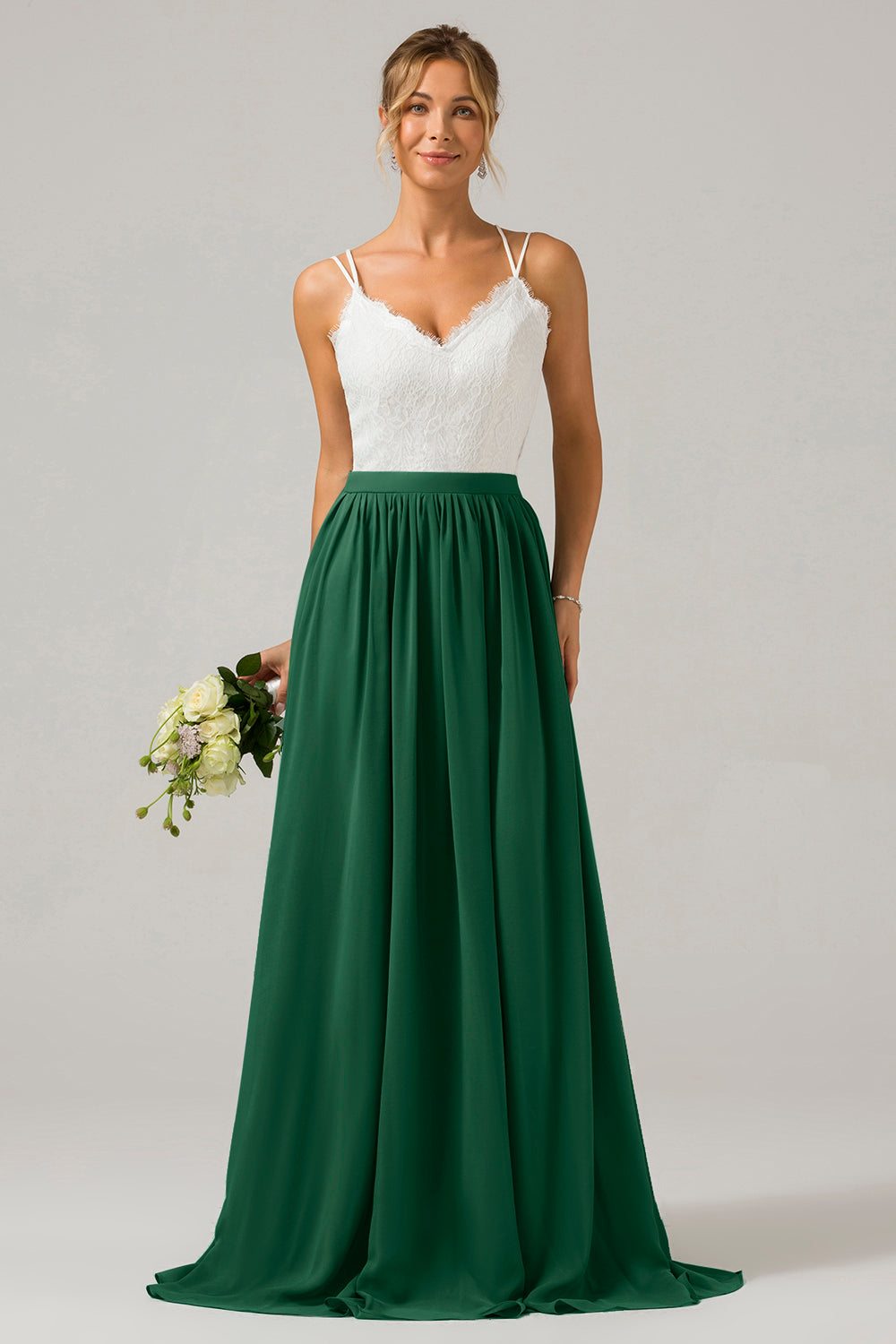Eukalyptus Grünes Boho Chiffon Langes Brautjungfernkleid mit offenem Rücken und Spitze