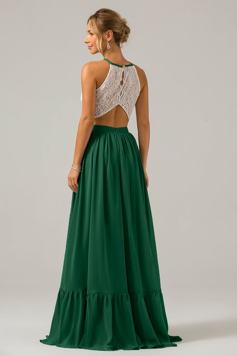 Eukalyptus Schlüsselloch Boho Chiffon Langes Brautjungfernkleid mit Spitze