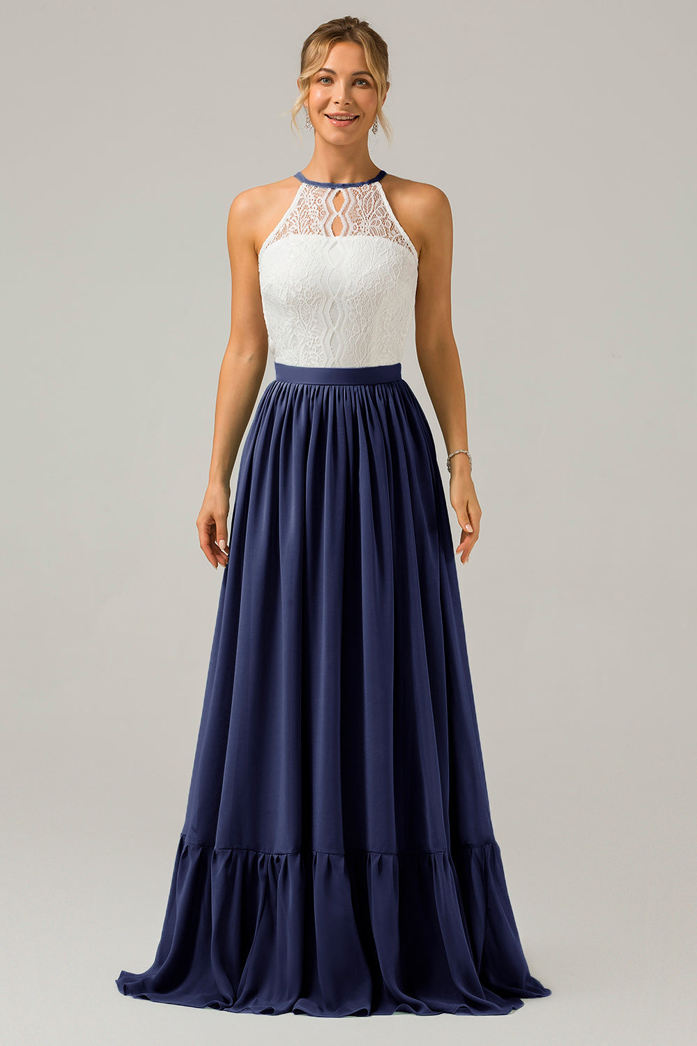 Eukalyptus Schlüsselloch Boho Chiffon Langes Brautjungfernkleid mit Spitze