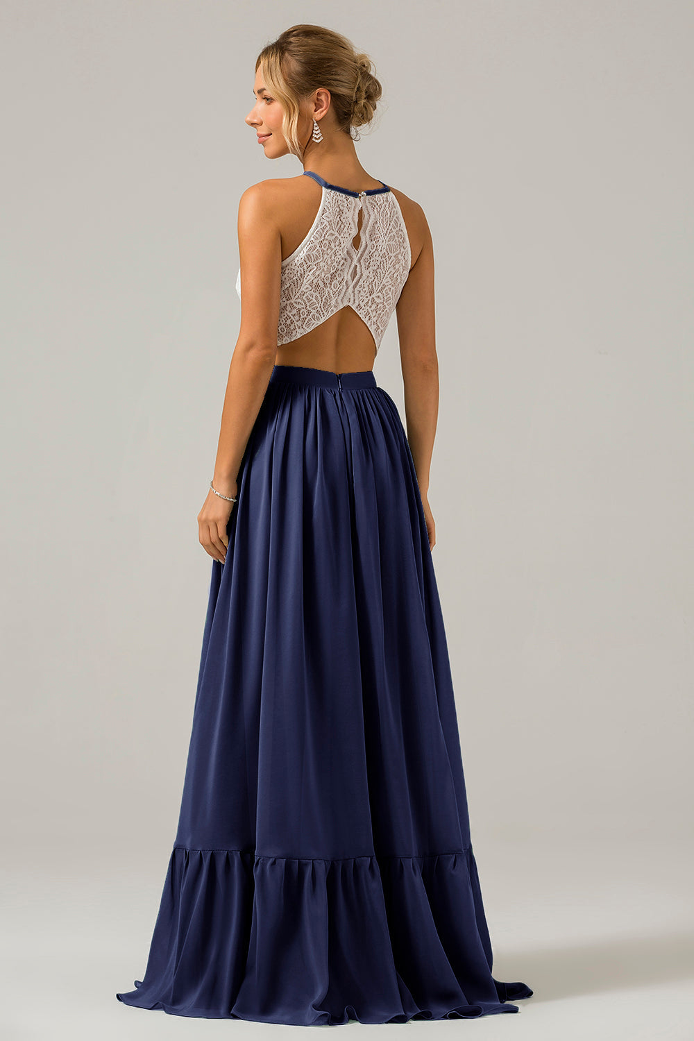 Eukalyptus Schlüsselloch Boho Chiffon Langes Brautjungfernkleid mit Spitze