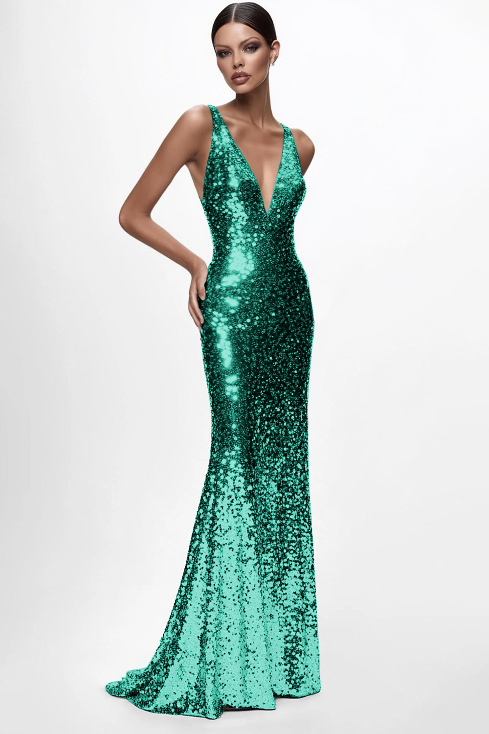 Glitzerndes silbernes Meerjungfrauen V-Ausschnitt Abendkleid mit Pailletten