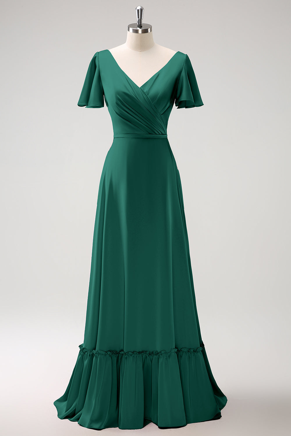 Rosa A-Linien Langes Satin Rüschen Brautjungfernkleid mit kurzen Ärmeln