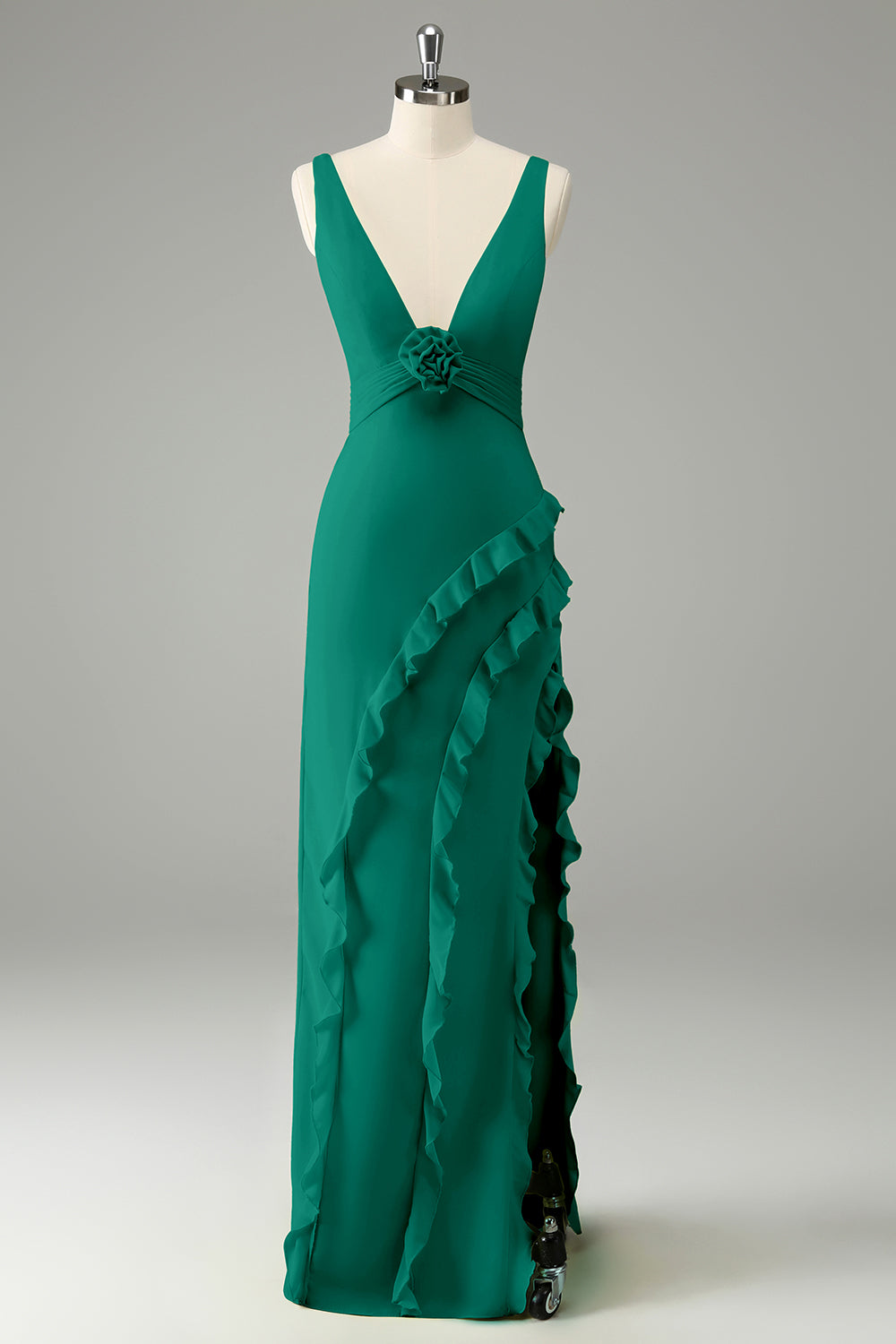 Zitrone Hochzeitsgastkleid mit tiefem V-Ausschnitt und Rüschen und Schlitz