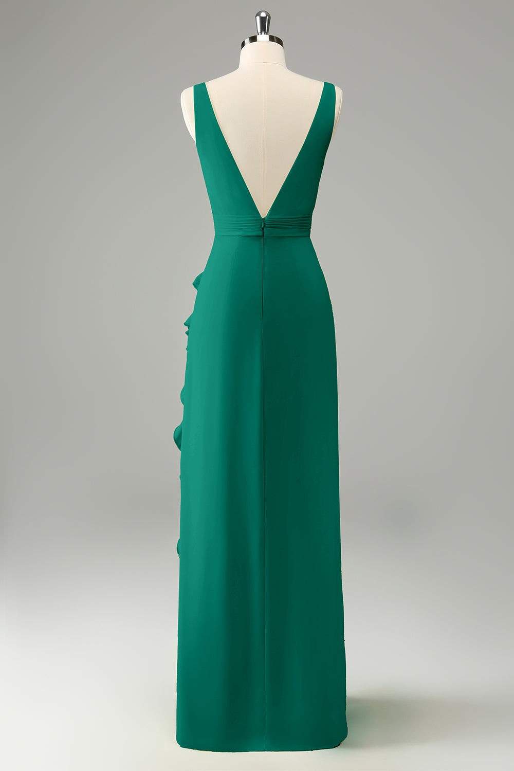 Zitrone Hochzeitsgastkleid mit tiefem V-Ausschnitt und Rüschen und Schlitz