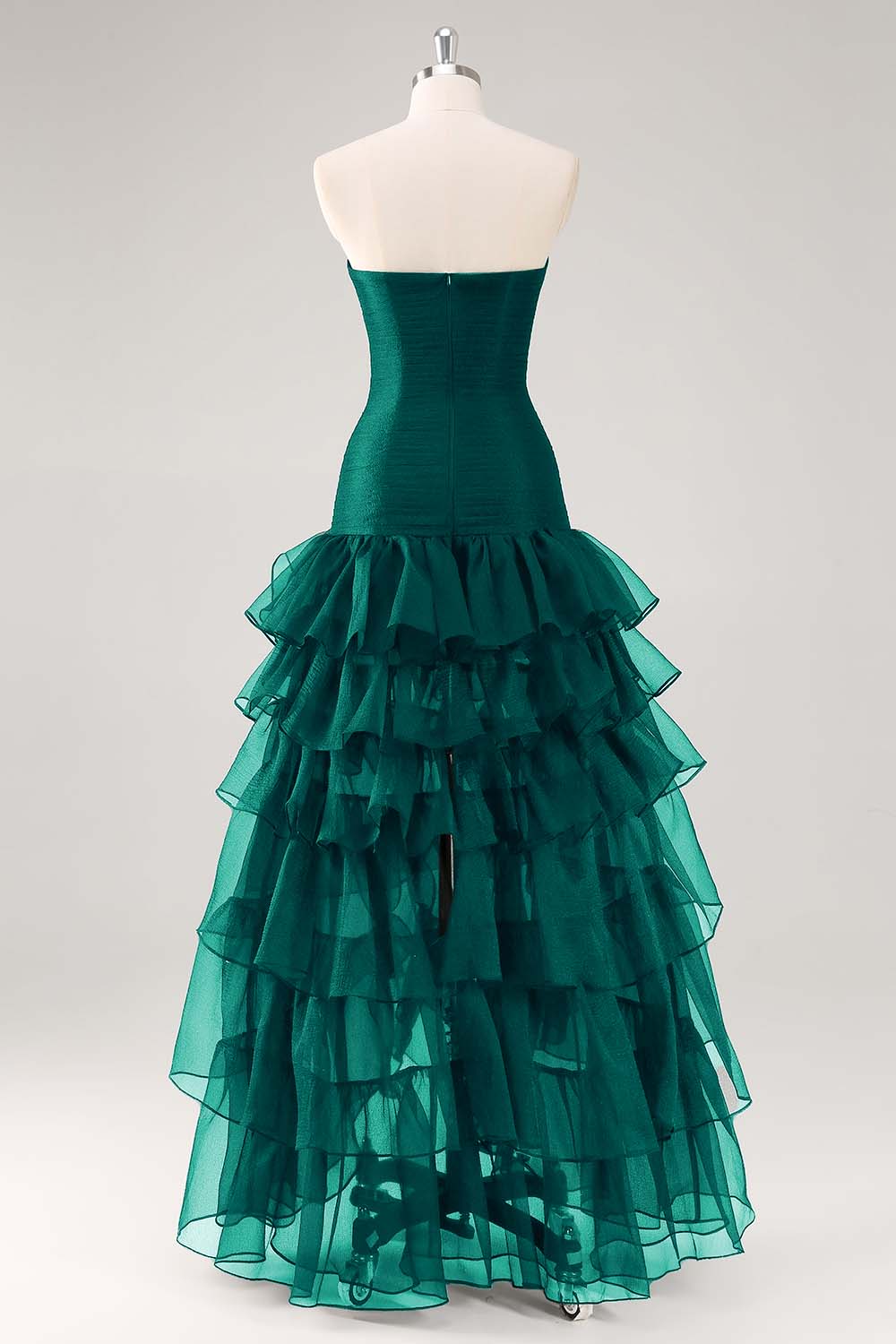 Schwarzes Trägerloses Gestuftes Tüll Ballkleid mit Rüschen
