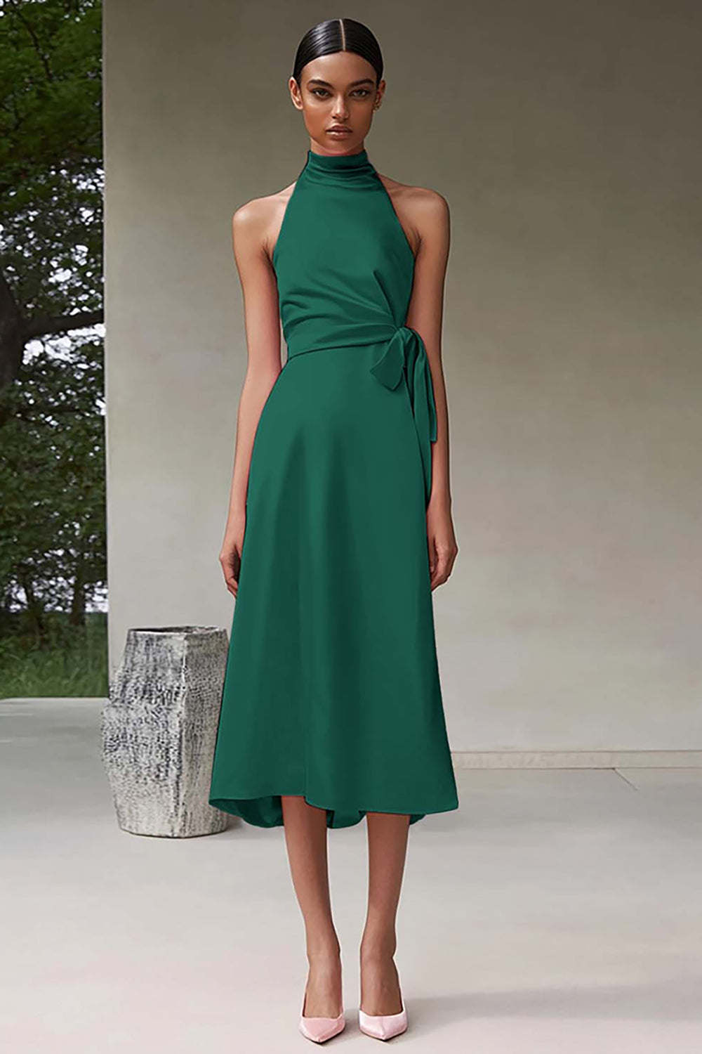 Rosa A-Linie Neckholder Teelänge Satin Partykleid